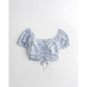 Womens Hollister Blue Floral Puff Sleeve Cinch Crop Top - Size XS - EUC